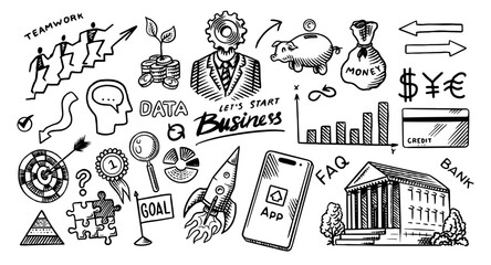 Business doodles hand drawn icons. Management concept. Vector clipart illustration. Line and Ink sketch. Vintage style. 