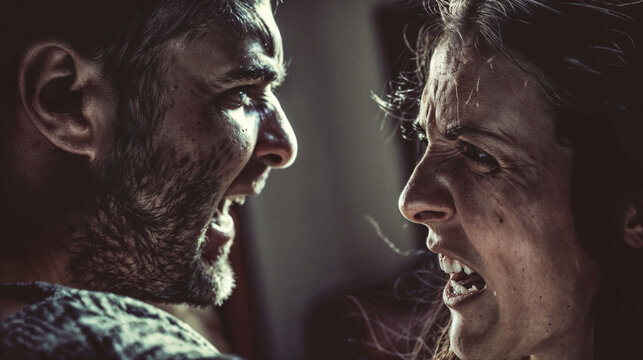 Intense confrontation between two people, faces close, shouting. Raw emotions of anger and aggression visible. in a man and woman, with tension and conflict in a passionate couple dispute