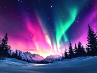 Fototapeta premium Breathtaking aurora borealis illuminates the night sky over snowy mountains, creating a magical winter landscape.