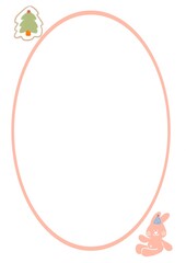 pink bunny rabbit with party hat and tiny Christmas tree on pink circle frame, illustration border template for Christmas, festival, birthday and greeting card decoration