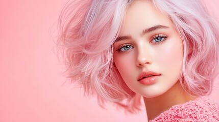 Fototapeta premium Portrait of a young woman with pink hair and blue eyes.