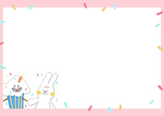 a cute bunny with lovely birthday cupcake and colorful glitter sprinkle on pink border frame card, illustration template for birthday, greeting card and children work project decoration