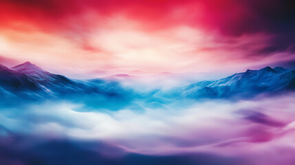 Craft a visually striking mixed media piece portraying a fantastical landscape where mountains meet the sea, enveloped in an ethereal mist with hints of iridescent hues