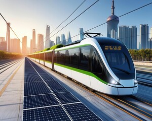 Naklejka premium Energy-efficient urban transit system with solar-powered trams and green roofs on stations, solar tram system, green urban transport