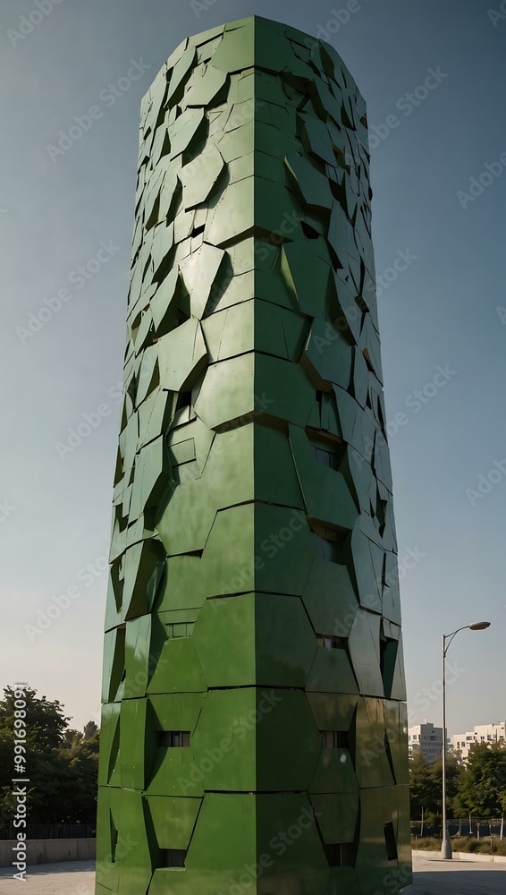 Poster green tower with hexagonal pattern