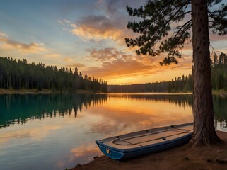 Obraz premium Sunset Reflections on a Tranquil Lake with a Boat