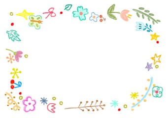 color pencil drawing of colorful flowers , flora , star glitter and butterfly frame template , sign banner perfect for art project , greeting invitation and wedding card decoration background