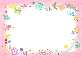 color pencil drawing of colorful flowers , flora , star glitter and butterfly on pink frame template , sign banner perfect for art project , greeting invitation and wedding card decoration background