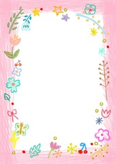 color pencil drawing of colorful flowers , flora , star glitter and butterfly on pink frame template , sign banner perfect for art project , greeting invitation and wedding card decoration background