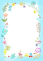 color pencil drawing of colorful flowers , flora , star glitter and butterfly on blue frame template , sign banner perfect for art project , greeting invitation and wedding card decoration background