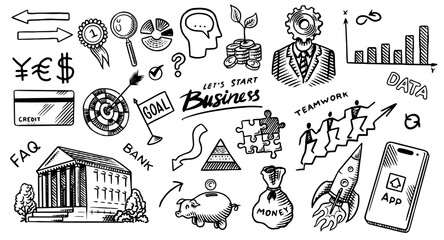 Business doodles hand drawn icons. Management concept. Vector clipart illustration. Line and Ink sketch. Vintage style. 