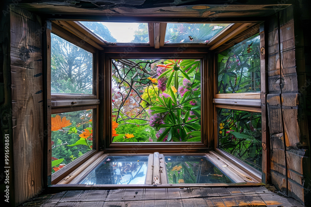 Poster a window with a view of a forest and a tree with yellow leaves