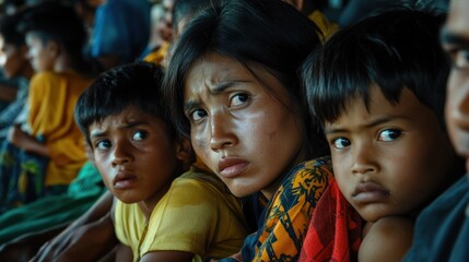 Worried Faces of Refugee Family in Crisis, Children and Mother Await Uncertain Future in Crowded Shelter