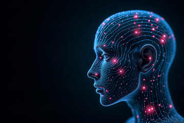 Obraz premium Side profile of a futuristic artificial intelligence computer head with glowing lines and data