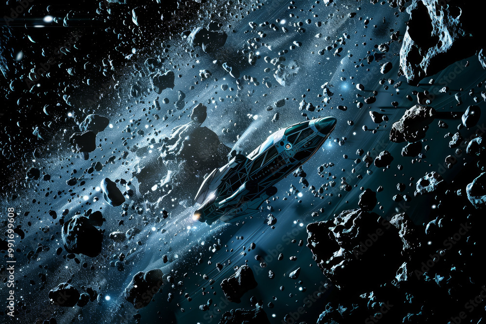 Poster a spaceship is flying through a field of space debris
