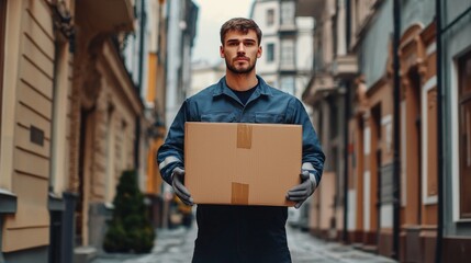 Fototapeta premium young strong man in a work suit is holding a large box in his hands on city street