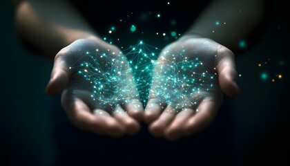 two hands and blue particles
