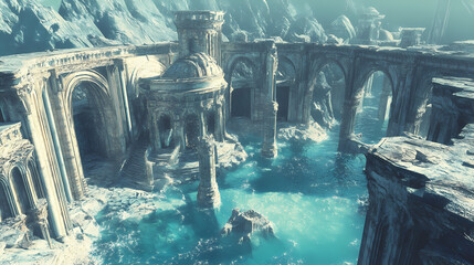 Ai generated 3d image of lost city of atlantis, marble and futuristic buildings. Lost City. Illustration