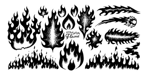 Set of silhouette flame and fire in vintage style. Hand drawn bonfire sketch. Vector clipart illustration. Line and Ink sketch. Vintage style. illustration on white background for element design.  © artbalitskiy