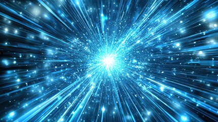 Fototapeta premium Radiant blue holographic beams of light moving through a digital world of modern technology elements and abstract symbols.