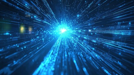 Obraz premium Radiant blue holographic beams of light moving through a digital world of modern technology elements and abstract symbols.