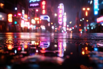 Obraz premium Vibrant cityscape at night showcasing colorful neon lights reflecting on wet pavement, creating a mesmerizing urban atmosphere.