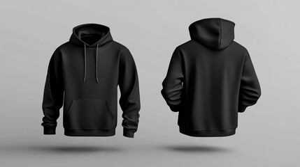 
Black hoodie sweatshirt front and back mockup template on a grey background