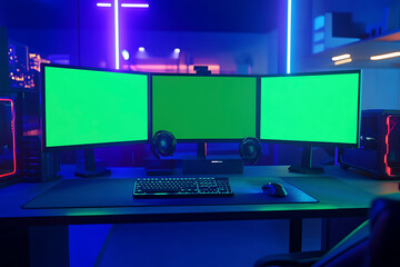 Naklejka premium High-End Gaming Setup with Dual Green Screen Monitors for Streamers