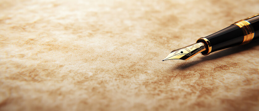 Focus on an elegant fountain pen writing on aged parchment, emphasizing the texture of paper and the smoothness of the pen, rendered in a photorealistic digital illustration - Powered by Adobe