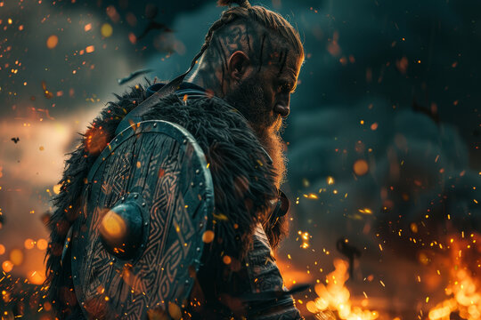 A man with a Viking helmet and a shield stands in front of a fire