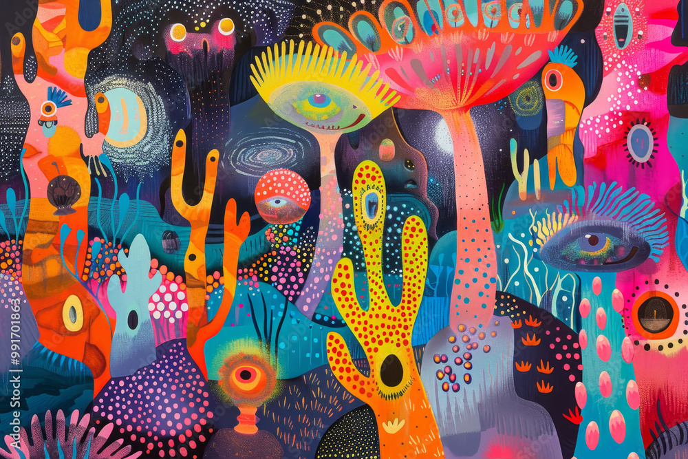 Poster a colorful painting of a forest with many different types of plants and trees