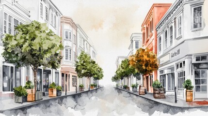 Fototapeta premium Watercolor illustration of a charming street lined with quaint buildings and trees.