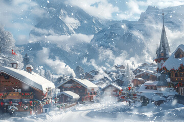 A snowy mountain town with a church in the background