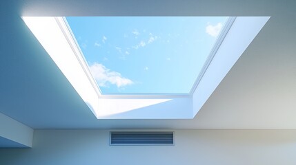 Skylight window with a clear blue sky view in a modern interior
