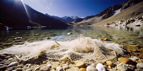 Fishing Net Left on Pristine Mountain Lake Shore Highlighting Environmental Impact and Conservation Needs