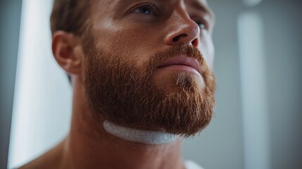 Obraz premium Close-up of a man's face with a well-groomed beard and smart grooming style in a modern setting