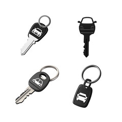 Set of four car keys with vehicle icons, isolated on a white background