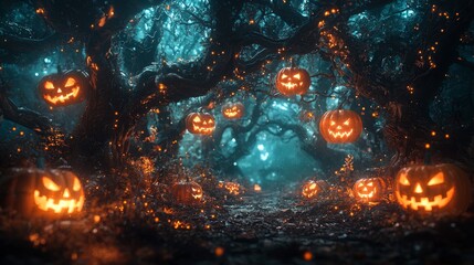 A haunted forest with jack-o-lanterns hanging from the trees eerie lights and ghostly figures lurking