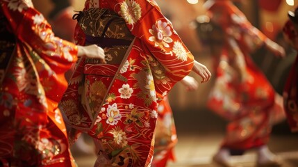 Naklejka premium Graceful Japanese Traditional Dance Performance with Elegant Kimono-clad Dancers