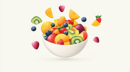Colorful fruit salad in a white bowl, with fruits flying around.