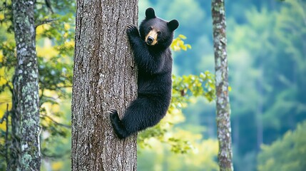 Black bear climbing a tree in a lush forest environment