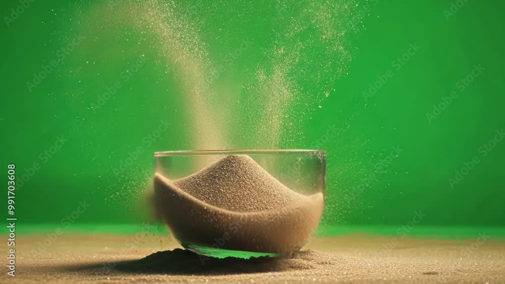 Poster sand is making a vortex shape while falling inside a glass bowl, creating a cloud of particles on a 