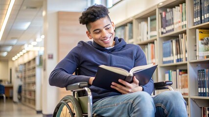 Happy young disabled mixed race school student in wheelchair reading a library book. African american child with disability learning. Inclusive & diverse education