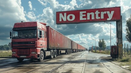 Trucks stopped at a border with large "No Entry" signs, border closure, cross-border trade disruption, photorealistic