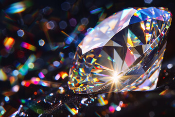 A diamond is on a black surface with a rainbow of colors surrounding it