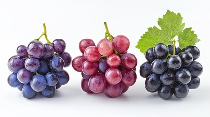 Bunches of fresh grapes in different colors on a clean white background