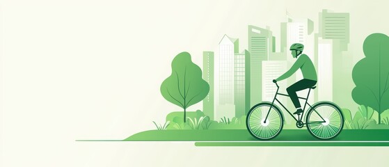 Cyclist riding on a green tree-lined path near modern buildings.