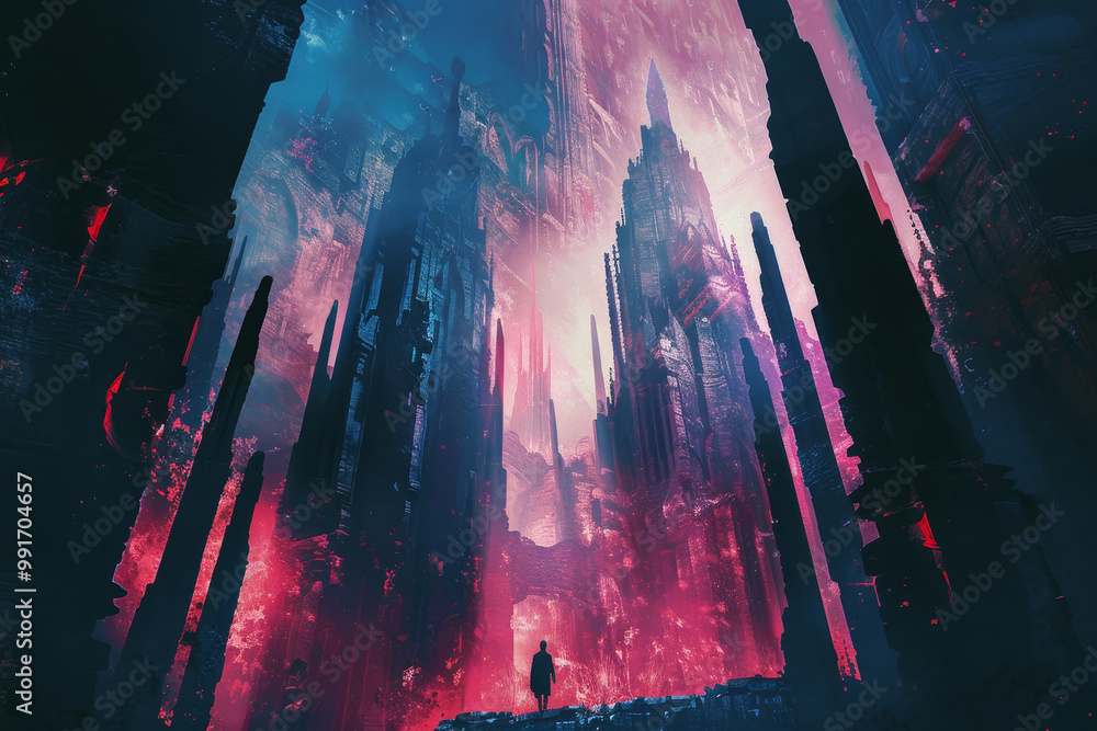 Poster a man stands in front of a building with a red and blue sky in the background