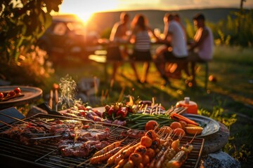 A group of people are gathered around a grill, cooking food, generative ai image