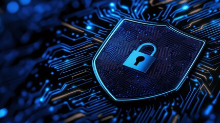 Digital security shield icon on a circuit board background